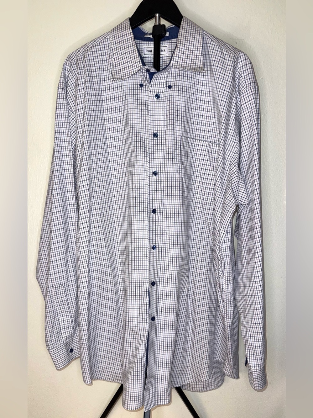 Paul Fredrick Men's Blue and White Windowpane Check Button Up, sz 18.5/38